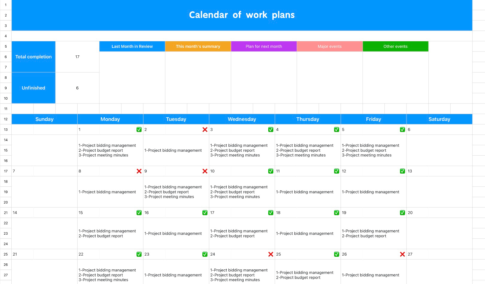 Calendar of work plans